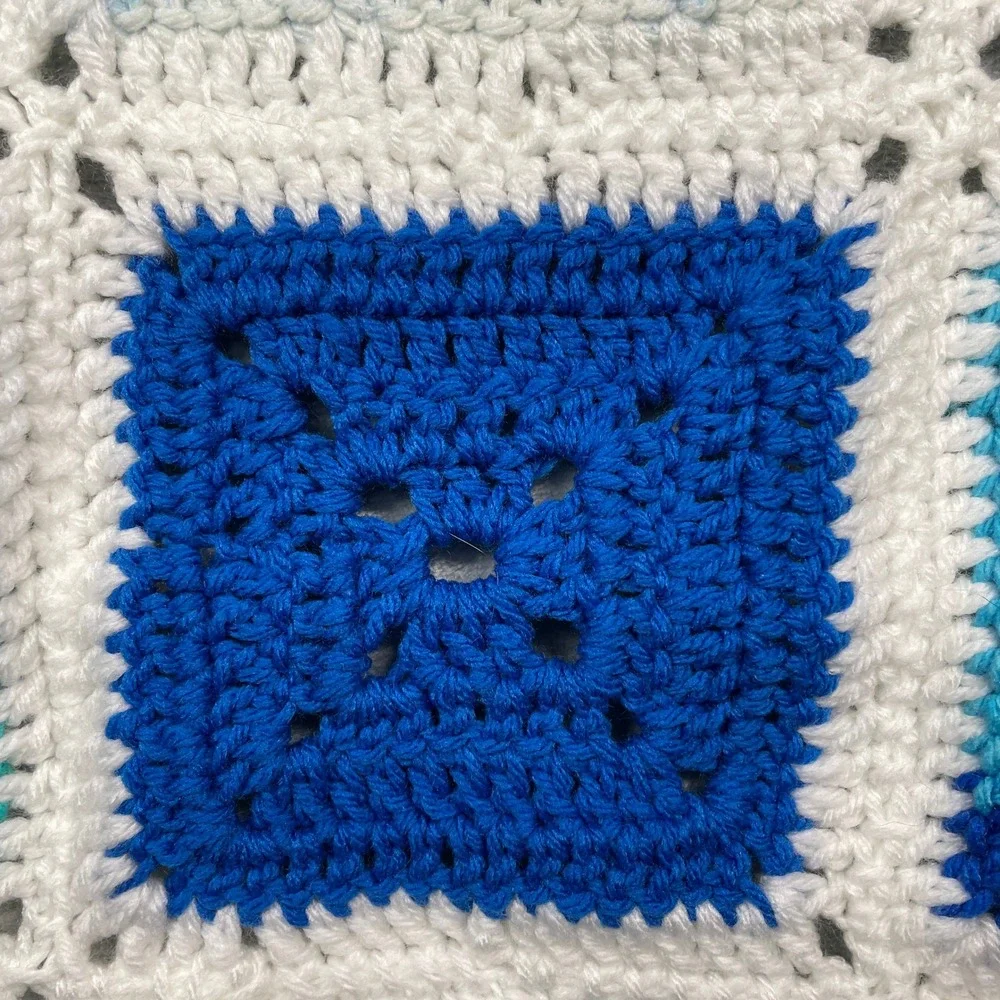 Handmade Granny Square Crochet Blanket Blue White Teal Throw Cozy 39 x 32